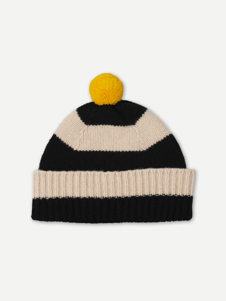 STRIPE POMPOM HAT BLACK & OATMEAL