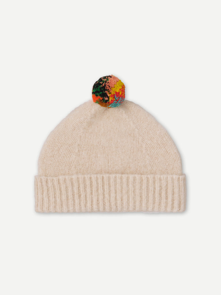 BRUSHED PLAIN HAT STRIPE POMPOM OATMEAL