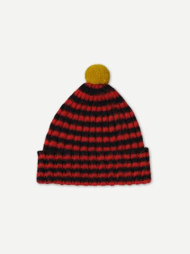 BRUSHED NARROW STRIPE HAT WITH CONTRAST POMPOM BLACK & RED DULSE