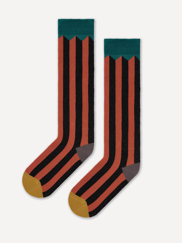 TWO COLOUR VERTICAL STRIPE BROWN KNEE SOCKS